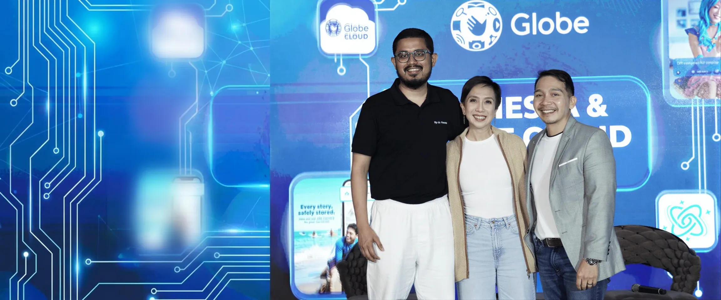 Globe executives KD Dizon and Coco Domingo with AI Fiesta CEO Mohammad Hasan at the launch