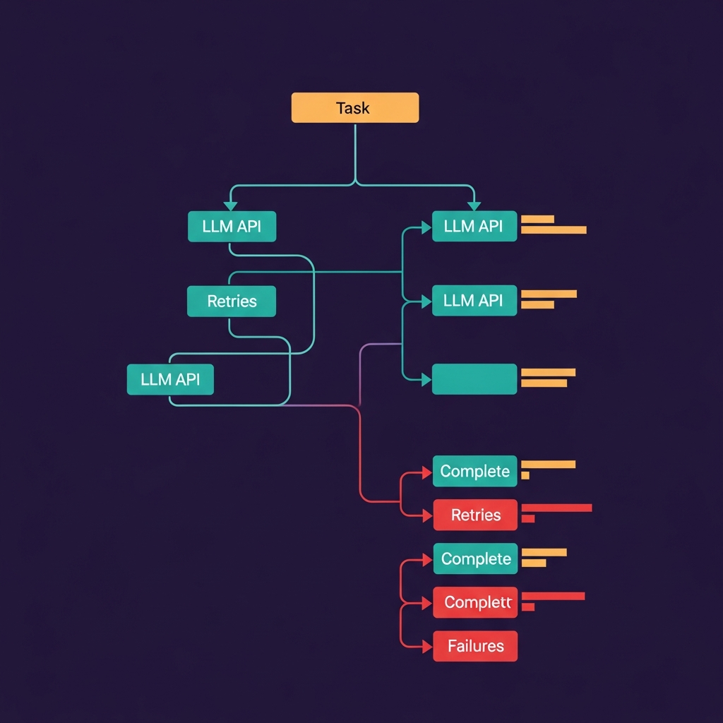 An editorial illustration: a single task request entering a system that branches into dozens of labeled internal LLM calls, some marked "failed" in amber, some marked "retry" in teal, with a cost accumulation counter rising on the right
