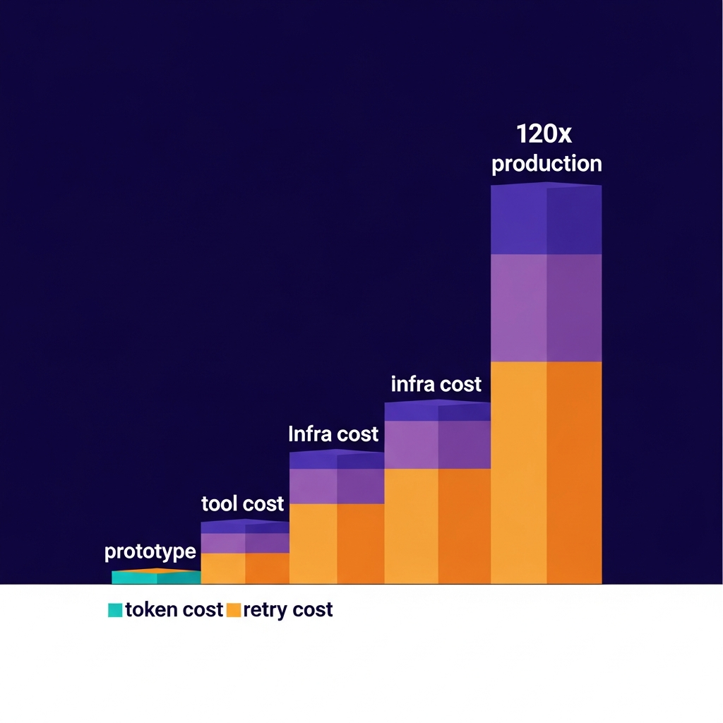 A cost growth curve showing a $10 prototype scaling to $1,200/month at production load, with stacked layers labeled: token cost (bottom thin layer), retry cost (large middle layer), tool cost, and infra cost