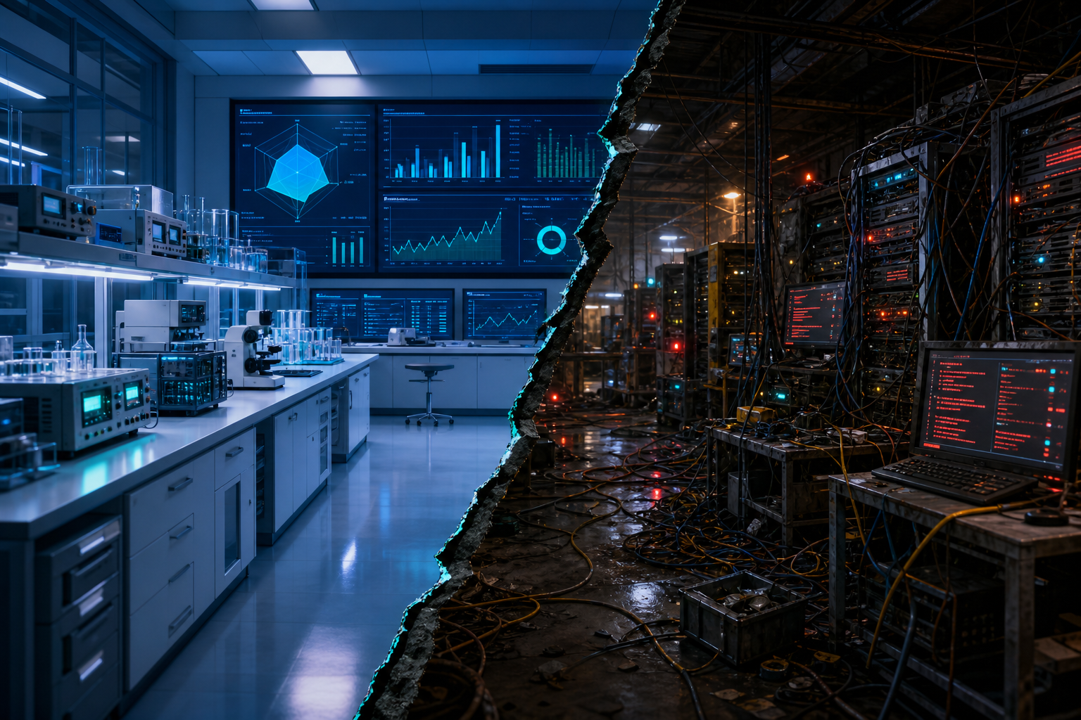 A laboratory benchmark environment transitioning into a chaotic production warehouse floor, deep indigo lighting, editorial illustration style
