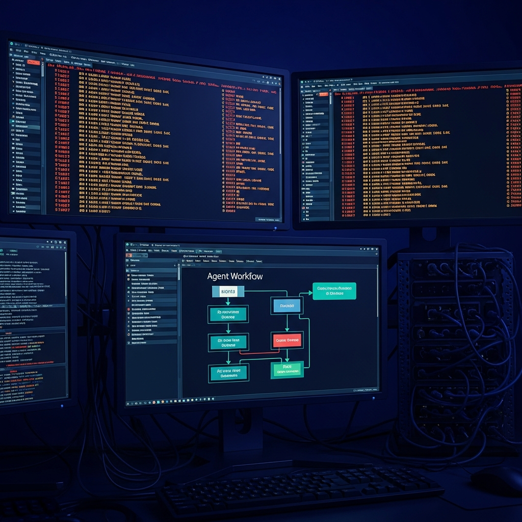 Tangled cables and debugging screens representing operational complexity in production agent systems, deep indigo palette, editorial tech illustration