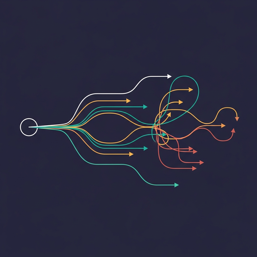A conceptual diagram showing workflow state drift over multiple interaction steps, with arrows diverging from a clean initial state into fragmented branches, deep indigo and teal color palette