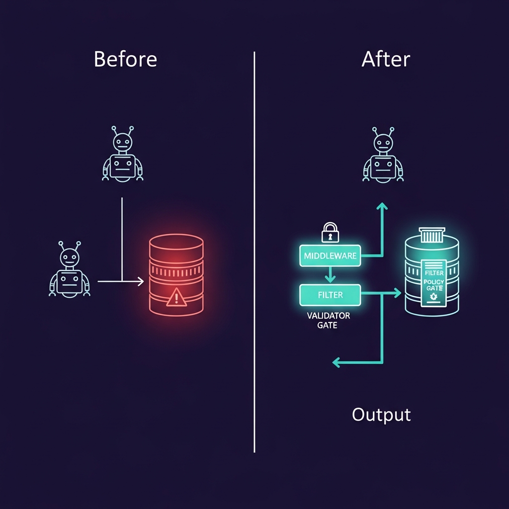 Before-and-after architecture diagram: left shows agent reading directly from unprotected memory; right shows two protective middleware layers — Memory Integrity Validator and Policy Gate — between memory and agent.