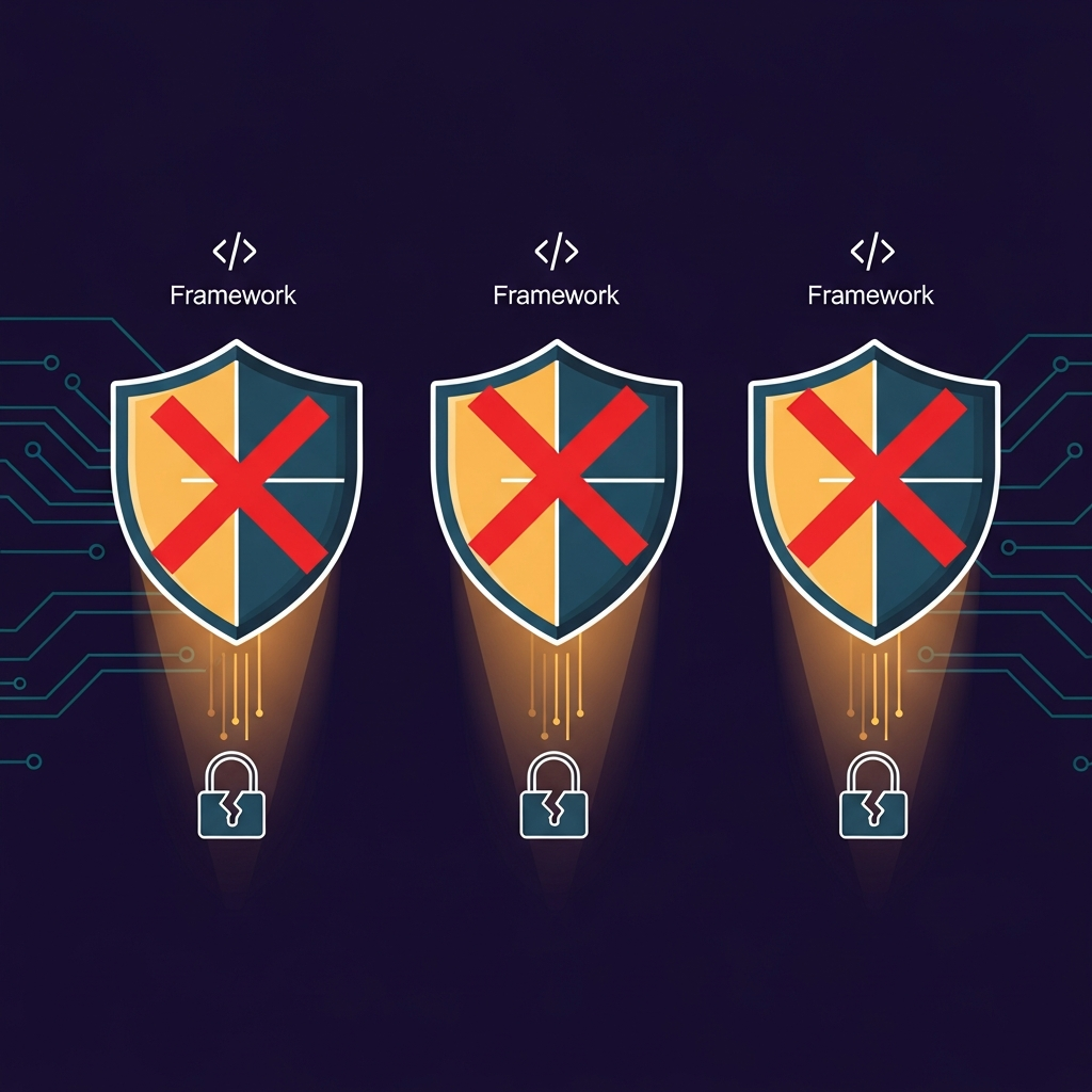 Three framework icons — LangChain, AutoGPT, OpenAI Agents SDK — each marked with a large red failure indicator showing zero compliance with memory safety principles.