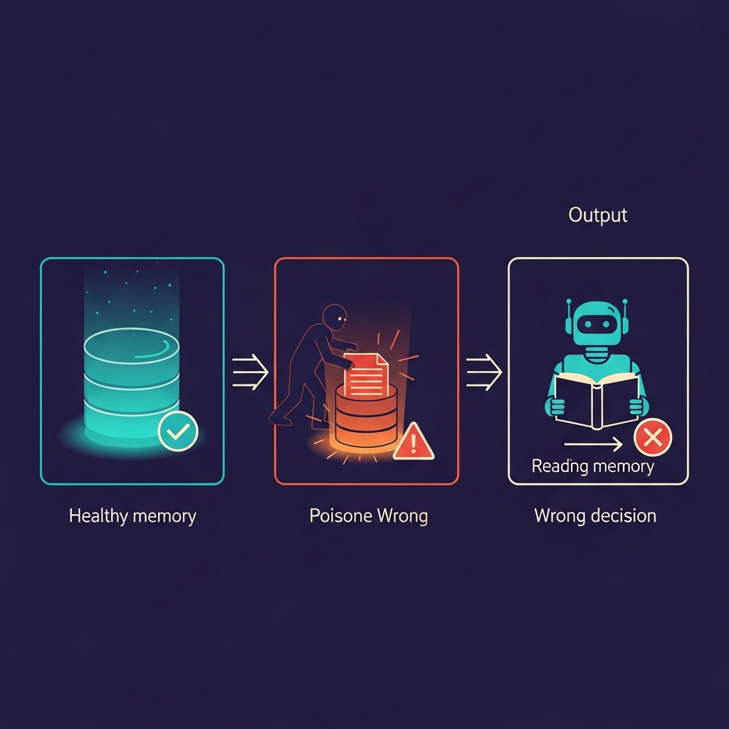Three-panel flow diagram showing clean memory being poisoned by an attacker, followed by an agent reading the poisoned entry and returning a wrong decision.