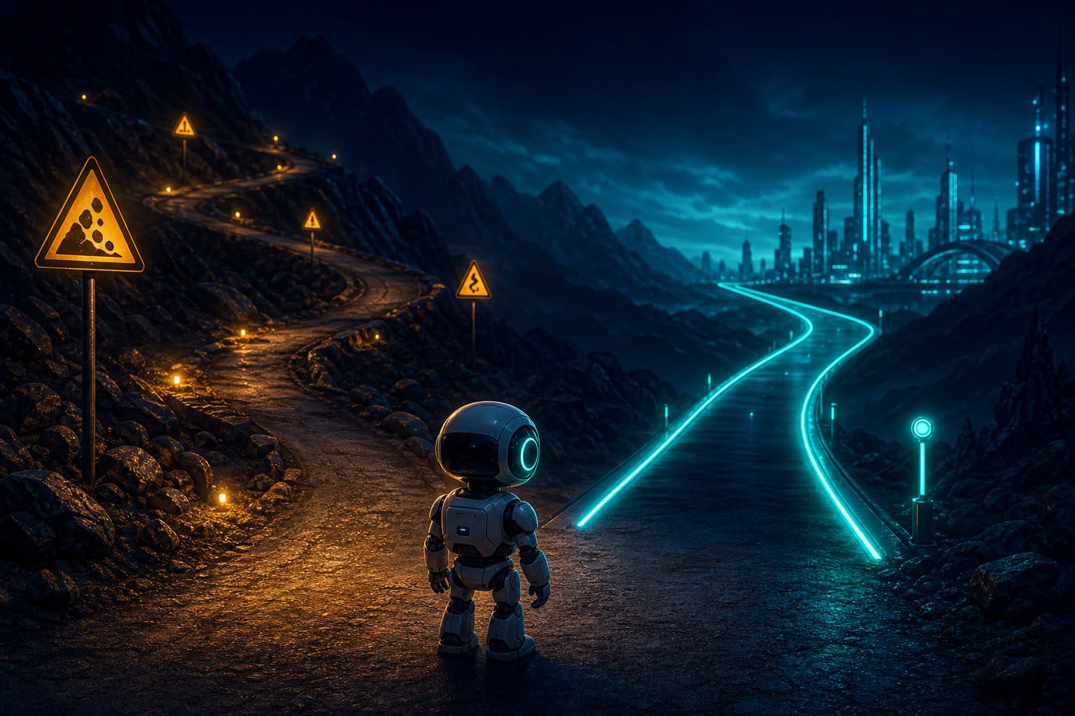 A small language model at a fork in the road — one path labeled 'Fine-Tune' with a warning sign, another labeled 'Evolutionary Search' with a checkmark