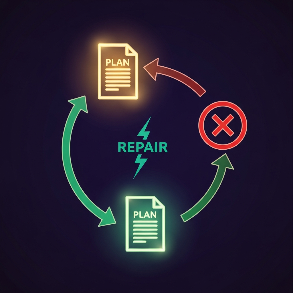 A workflow execution loop showing a plan generating, hitting a syntax error, being repaired by the model, then executing successfully