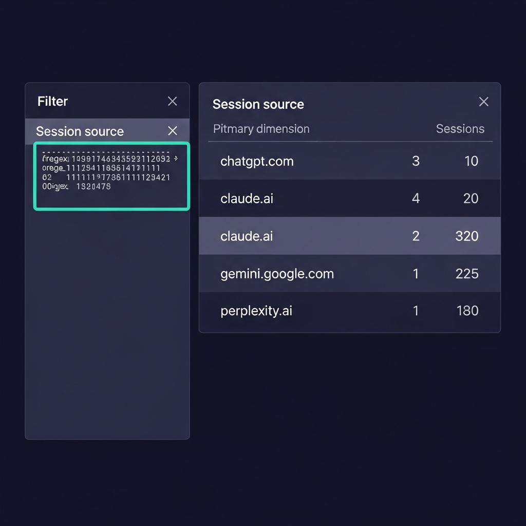 GA4 Explore Free-form report configured with Session Source regex filter, showing ChatGPT, Claude, and Gemini as distinct source rows with session and engagement metrics