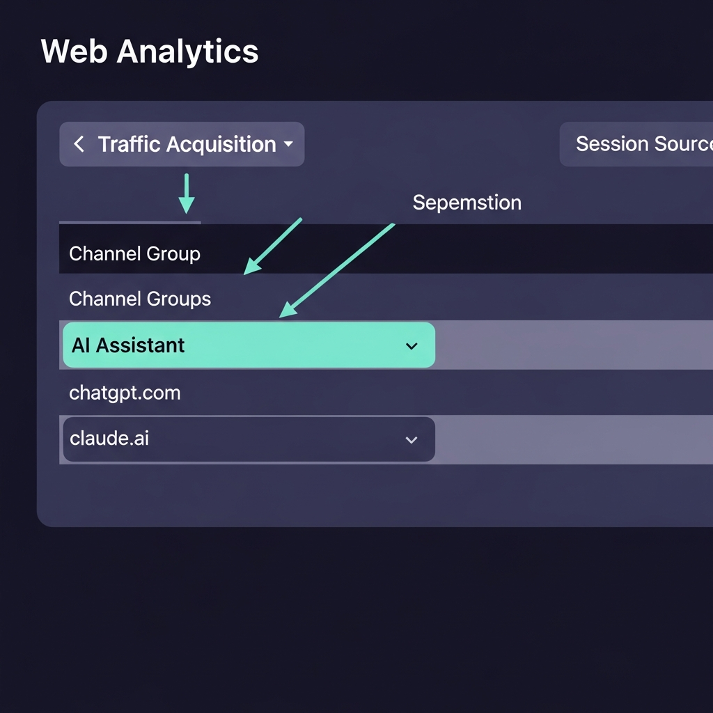GA4 Traffic Acquisition report showing the AI Assistant row highlighted in the Default Channel Group view, with an annotation pointing to the Session Source secondary dimension for per-tool breakdown