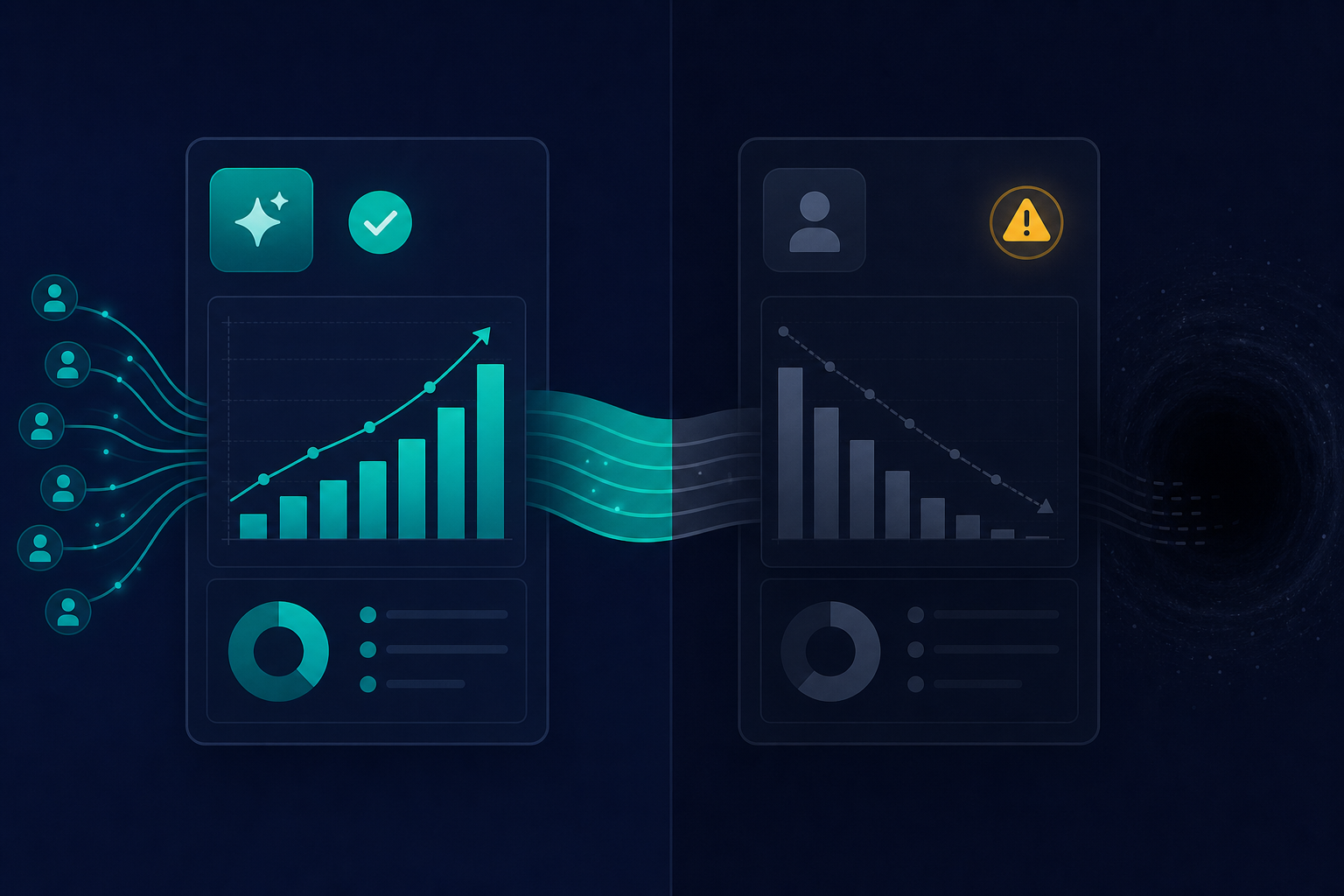 Google Analytics dashboard split-screen visualization showing AI Assistant channel on the left and hidden Direct traffic on the right, deep indigo background with teal and amber data elements