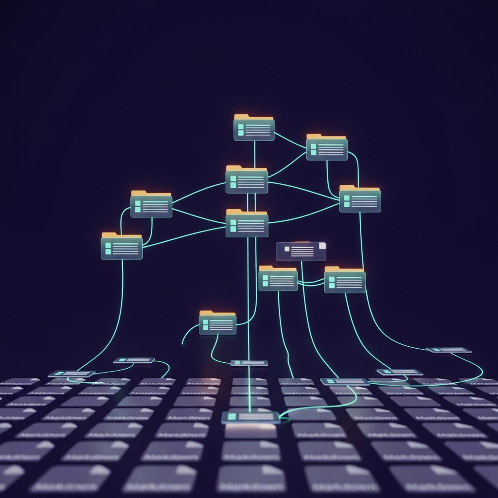 A glowing network of interconnected documents and folders in deep indigo and teal, representing structured organizational knowledge for AI agents