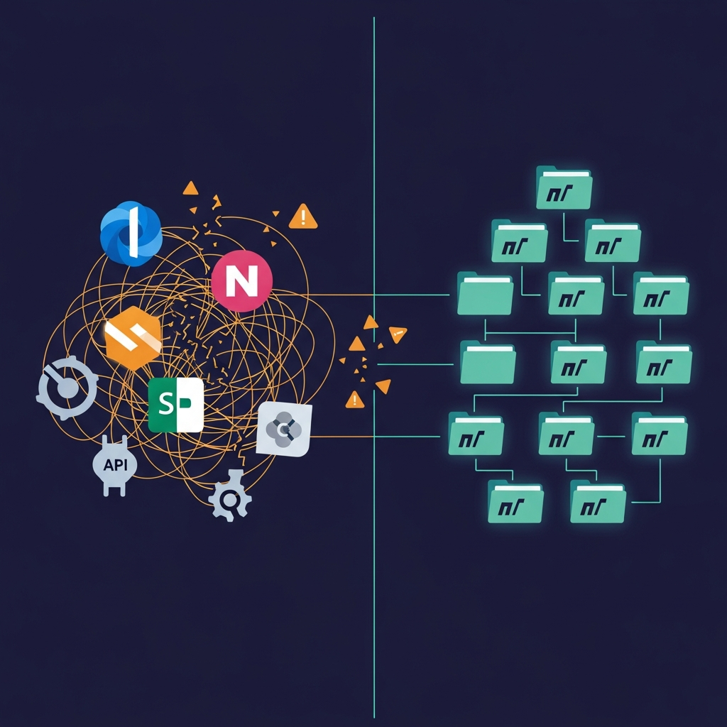 A clean diagram showing a traditional Confluence/Notion wiki fragmenting into multiple proprietary endpoints contrasted with an OKF folder structure — a simple directory of linked markdown files