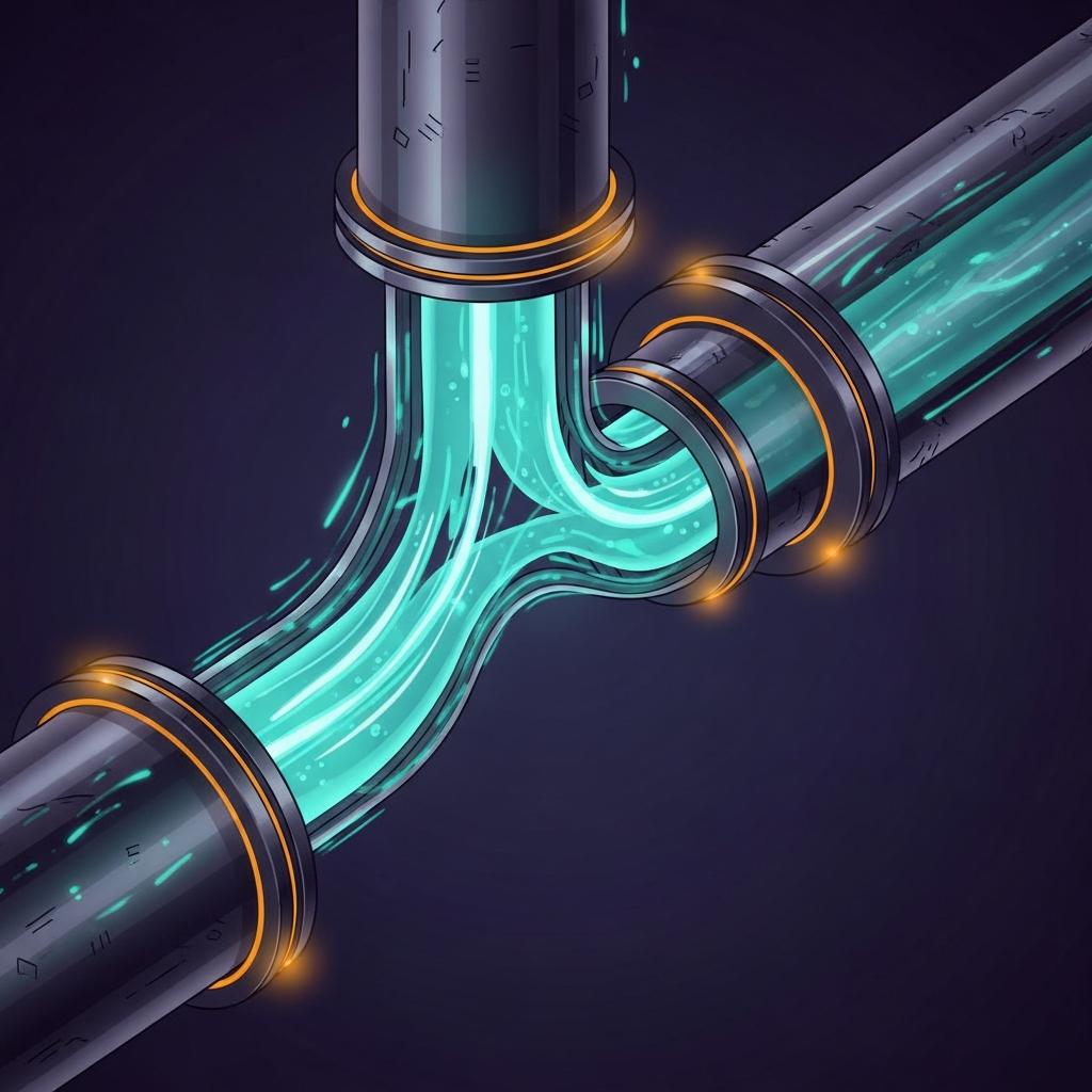 A narrow pipe as a bottleneck in a wider pipeline, editorial illustration in deep indigo with teal highlights