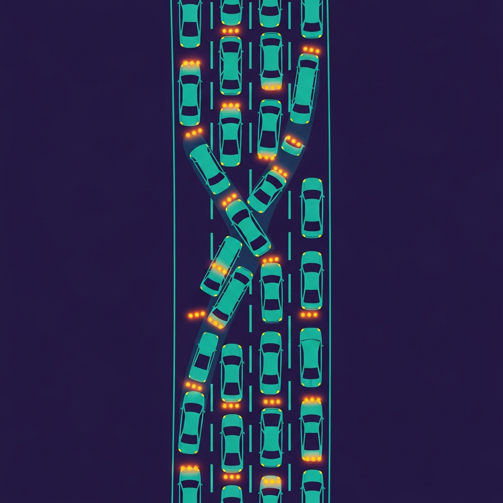 A traffic jam at a narrow intersection with multiple lanes merging, editorial illustration in deep indigo with teal accents