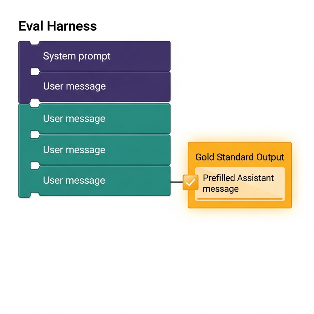 Clean illustrated eval harness: system prompt at top, user messages in the middle, gold standard output at the right, no prefilled assistant messages—editorial style, deep indigo and teal