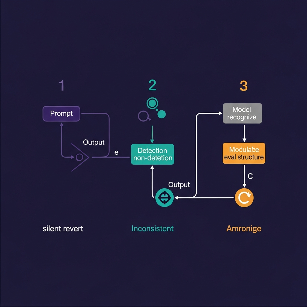 Three-path flowchart: silent revert (indigo), inconsistent detection (teal), eval-awareness shift (amber)—showing the three failure modes when prefill awareness confounds an eval harness