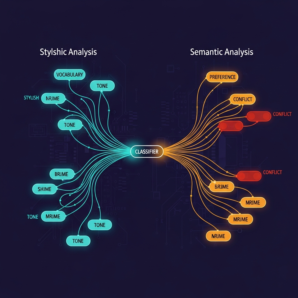 Forensic-style illustration of prompt parsing: stylistic fingerprinting flows in teal lines, preference conflict signals in amber, on a deep indigo background