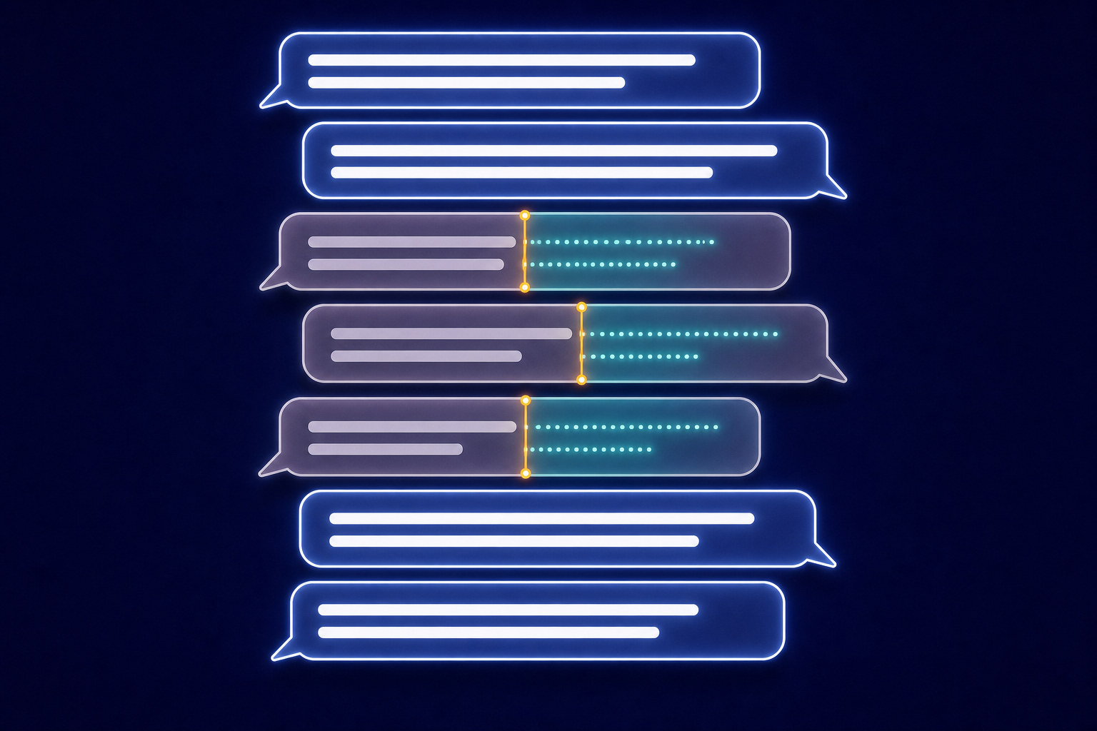 A stack of dialogue bubbles in deep indigo, some slightly off-color with a faint teal "DETECTED" glow where injected text begins—frontier models can tell when you've edited their words