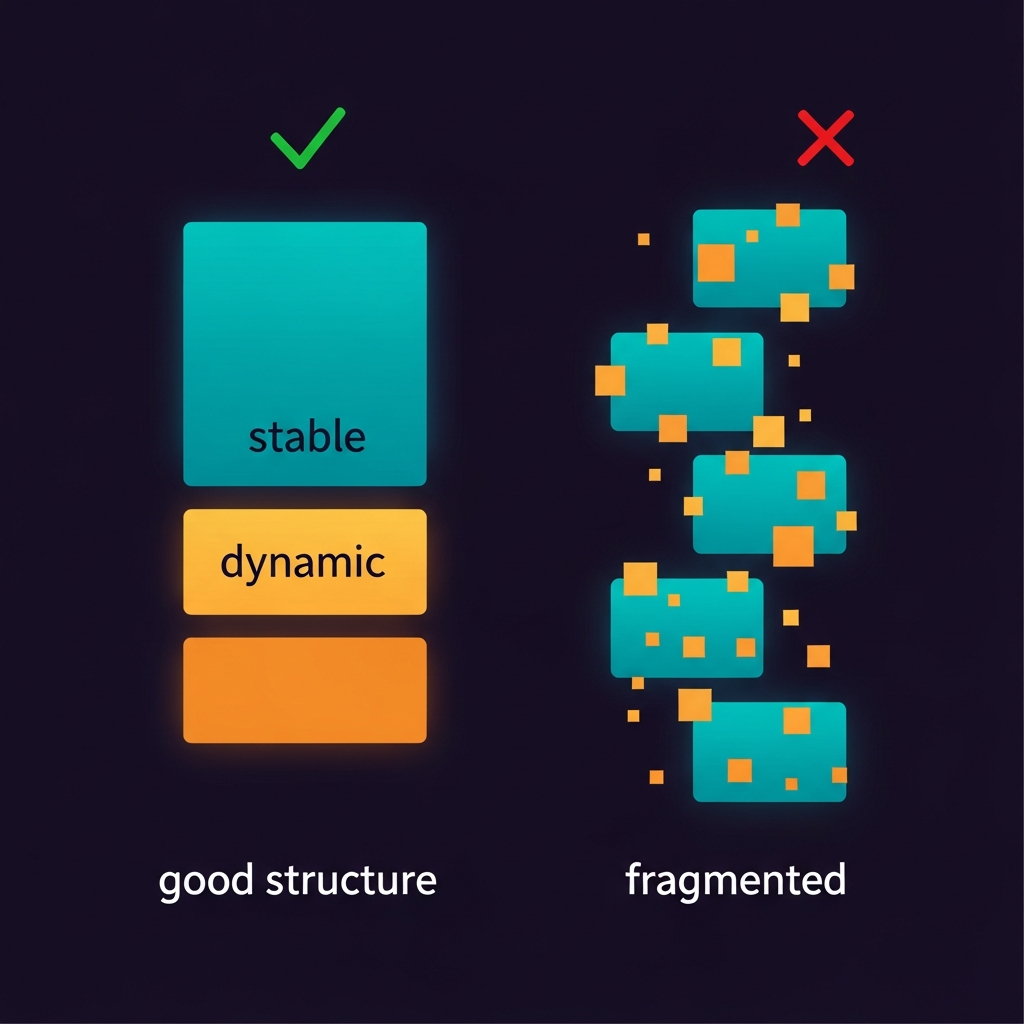 Diagram showing correct prompt structure with static system prompt before the cached prefix boundary, versus dynamic content mixed into the prefix