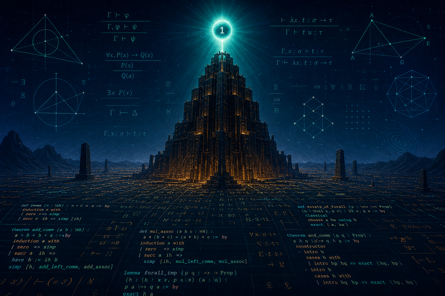 Hero illustration of a small glowing model outperforming a massive parameter tower on a formal proof diagram backdrop