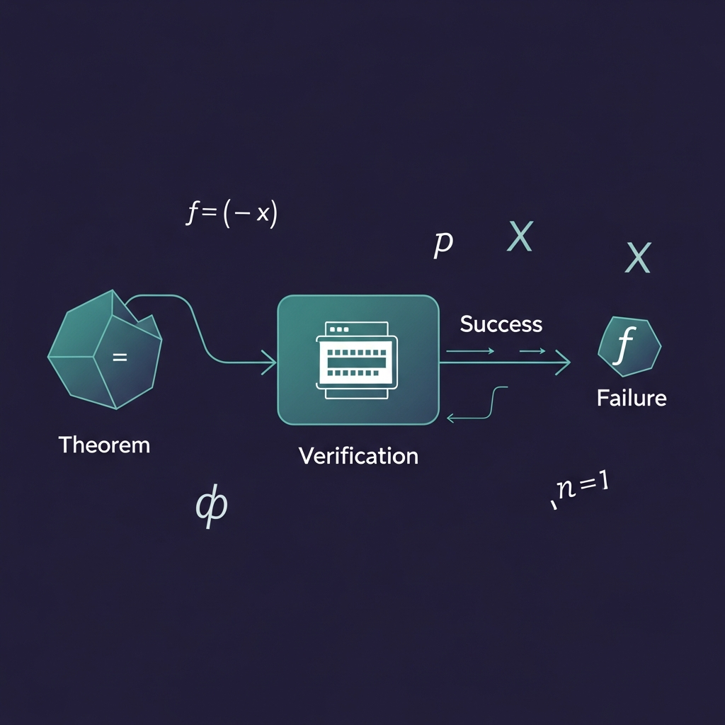 A Lean 4 theorem-proving workflow: theorem statement, proof attempt generation, Lean compiler verification, pass or fail output