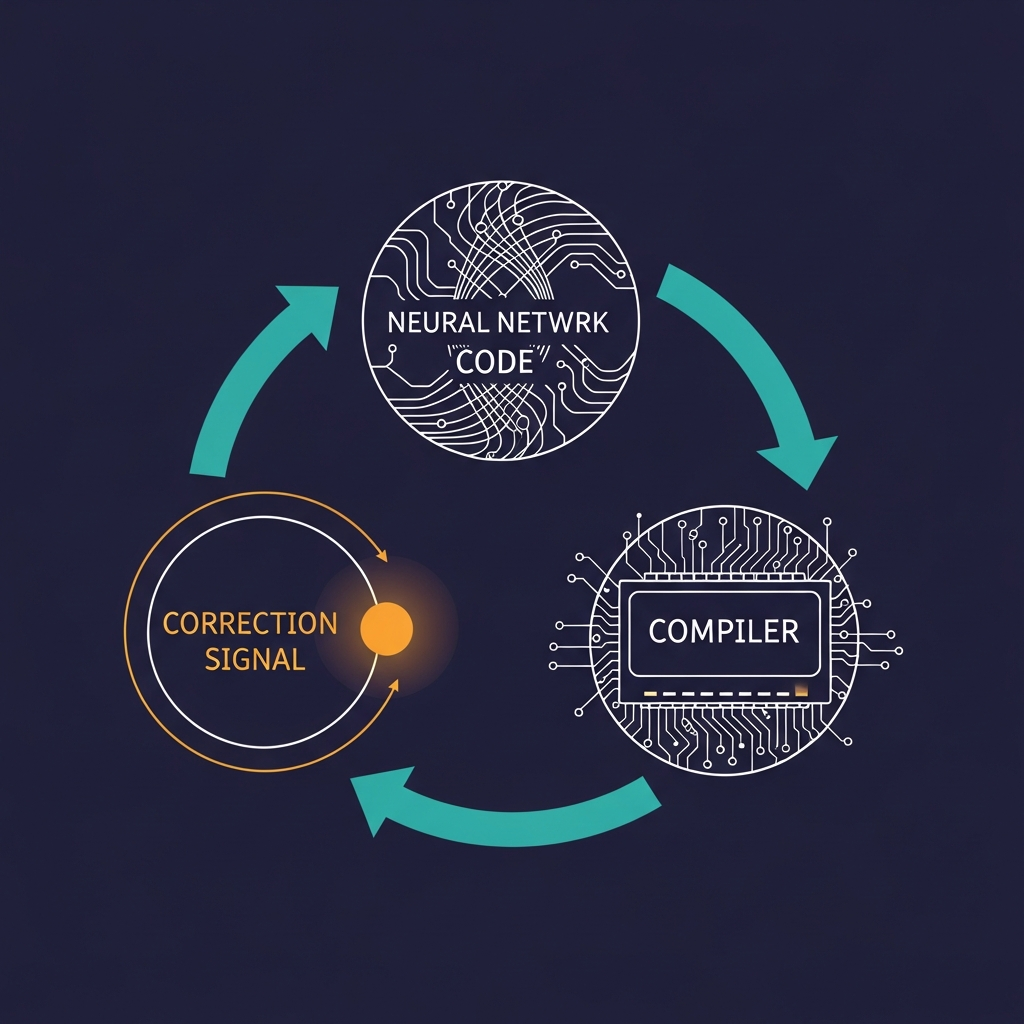 Abstract diagram of the verifier feedback loop: model generates proof, Lean compiler reports error, model revises, cycle repeats