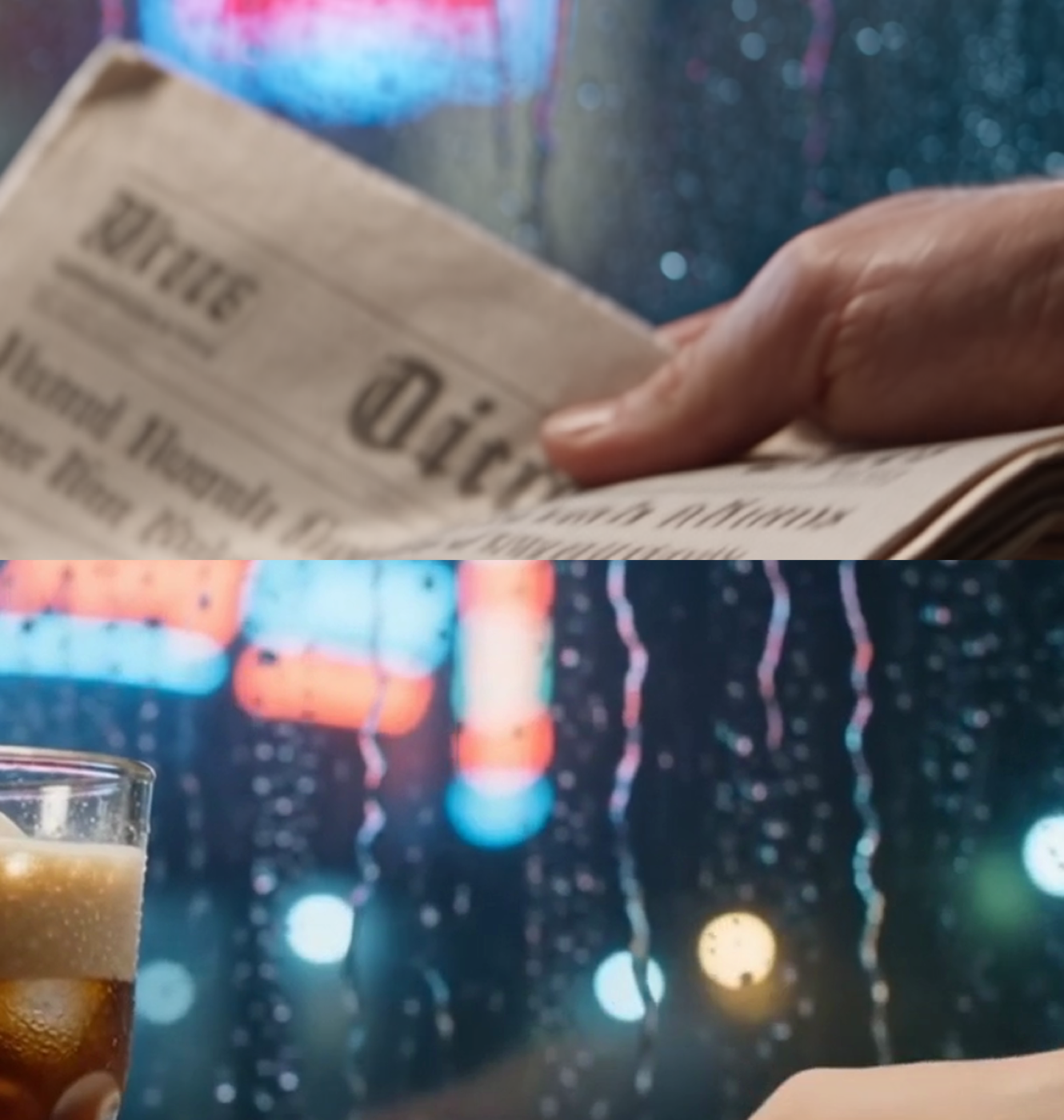 A magnified crop from the Seedance 2.5 1080p frame showing a folded newspaper with a blackletter masthead and structured column text under a hand, above the equivalent region from the Seedance 2.0 frame showing rain-streaked window bokeh.