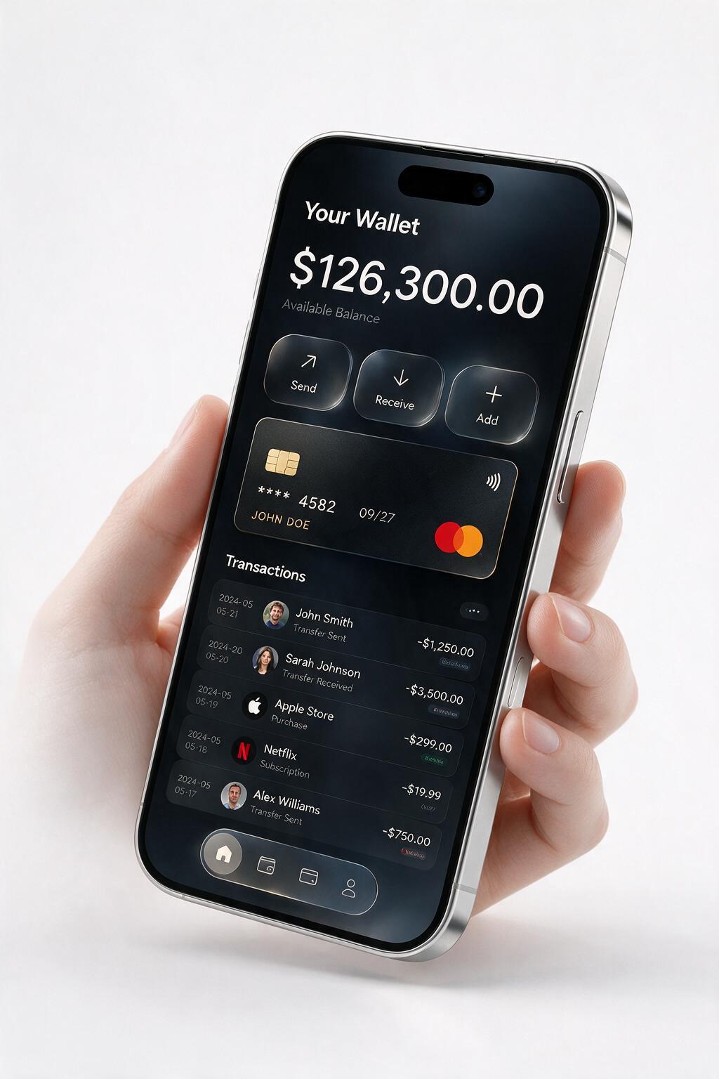 A photorealistic render of a smartphone floating in hand showing a dark glassmorphic fintech wallet app with a balance, action buttons, a card, and a transactions list