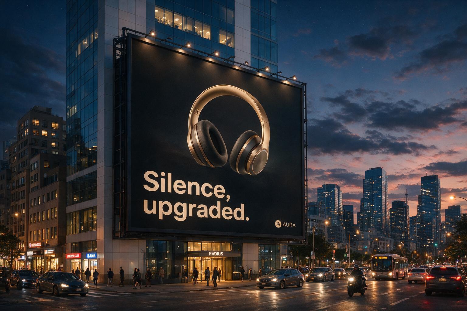 A large billboard on a city building at dusk advertising wireless headphones, with a legible headline and brand logo, in a photorealistic street scene