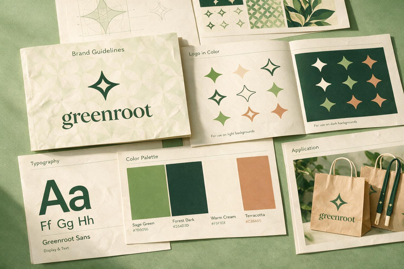 A multi-page brand guidelines presentation flat-lay: a cover, a logo-in-color grid, a typography page, a color palette with hex codes, and application mockups