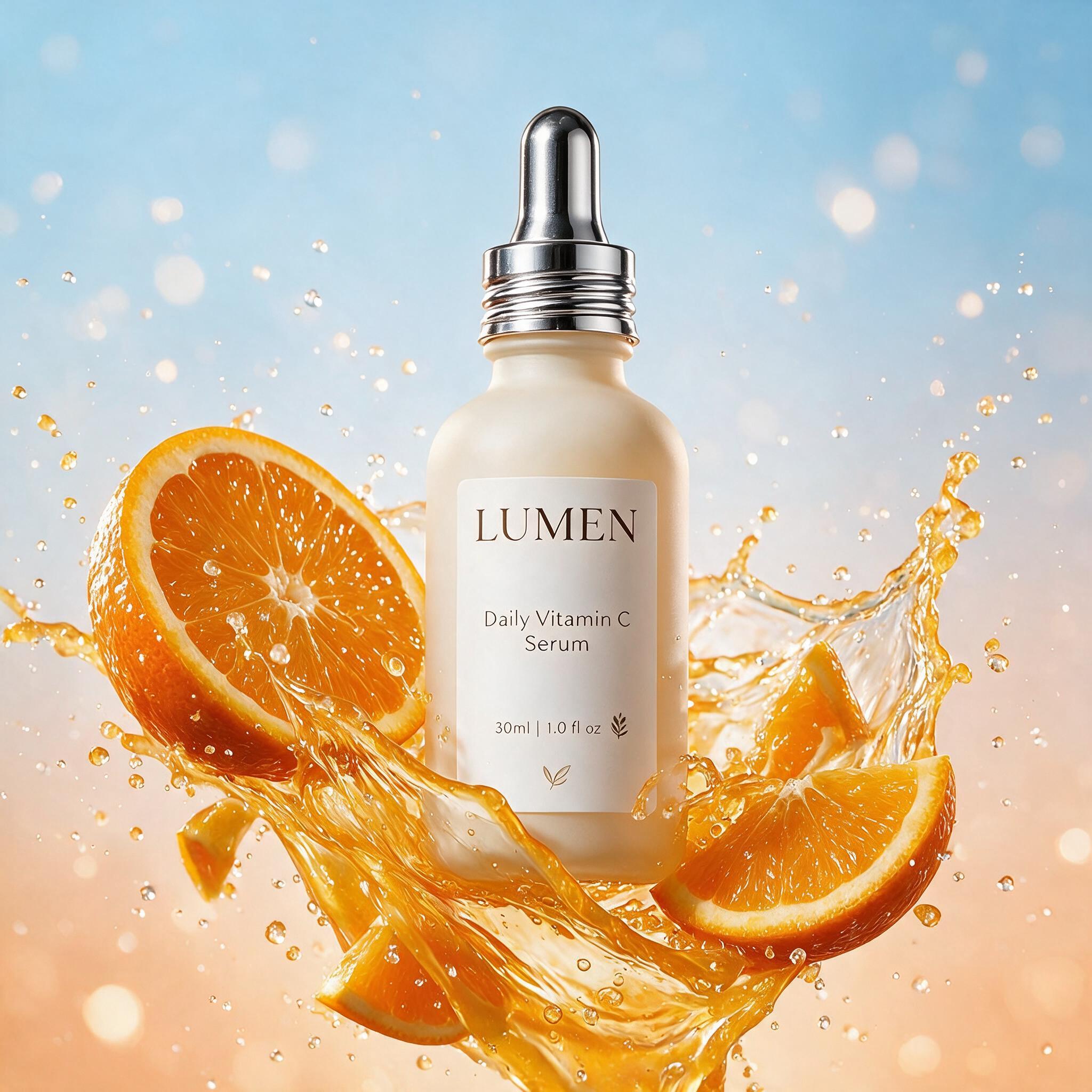 The LUMEN serum bottle with its dropper cap now metallic silver, the citrus splash and label unchanged