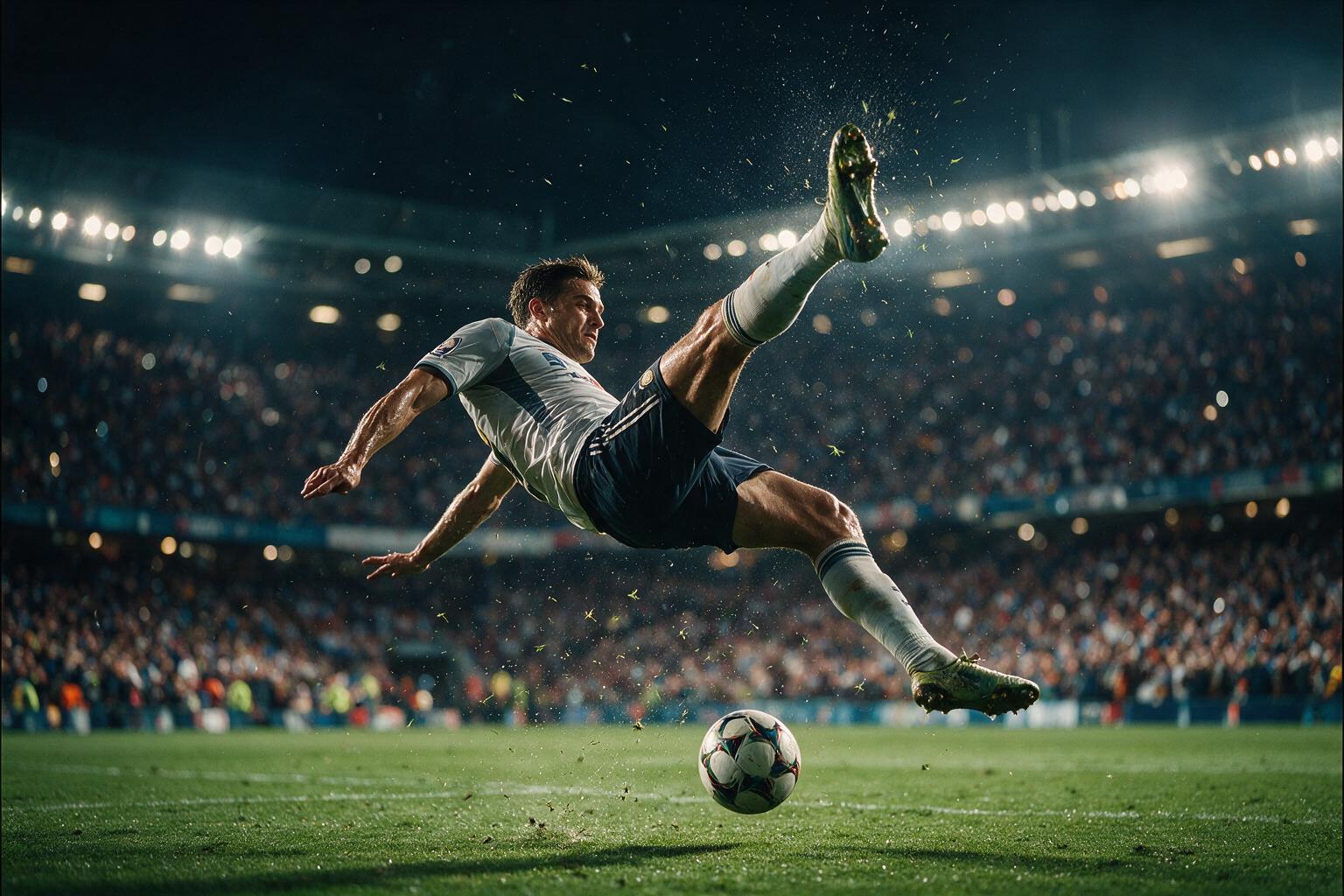 A professional soccer player mid-air performing an overhead bicycle kick under stadium floodlights at night, water and grass spraying, a stadium of fans blurred behind