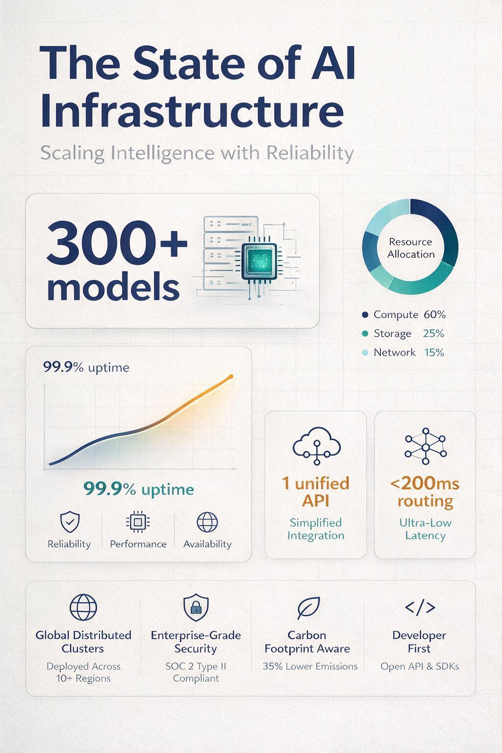 An editorial infographic titled "The State of AI Infrastructure" with a hero statistic, a donut chart, a line graph, and stat callouts, in an indigo-teal-amber palette