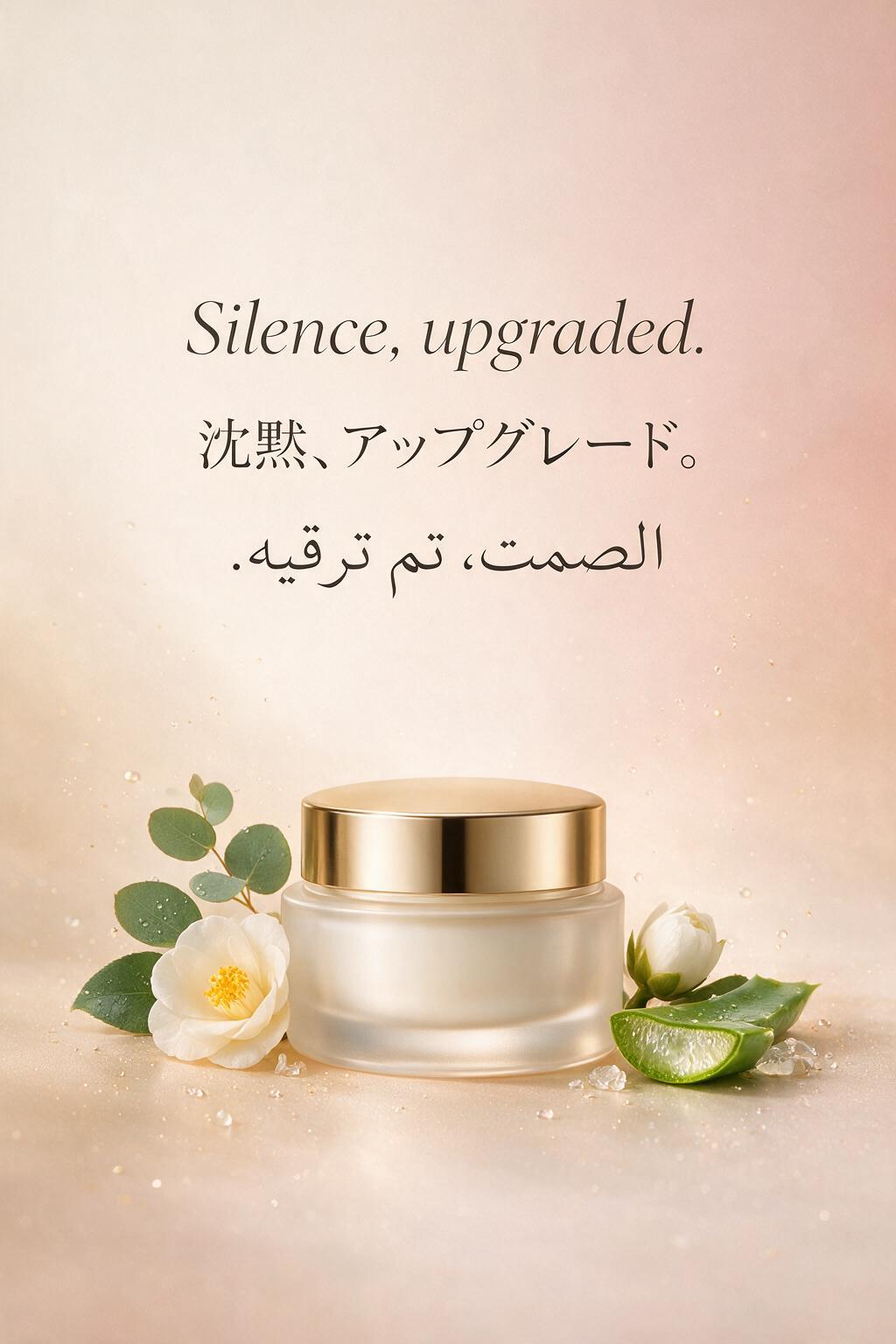 A skincare poster with the headline "Silence, upgraded." rendered in English, Japanese, and Arabic, all legible