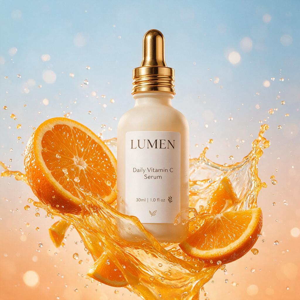 A dynamic skincare advertisement: a LUMEN serum bottle surrounded by an orange-juice splash and fresh orange slices frozen mid-air, with legible label copy