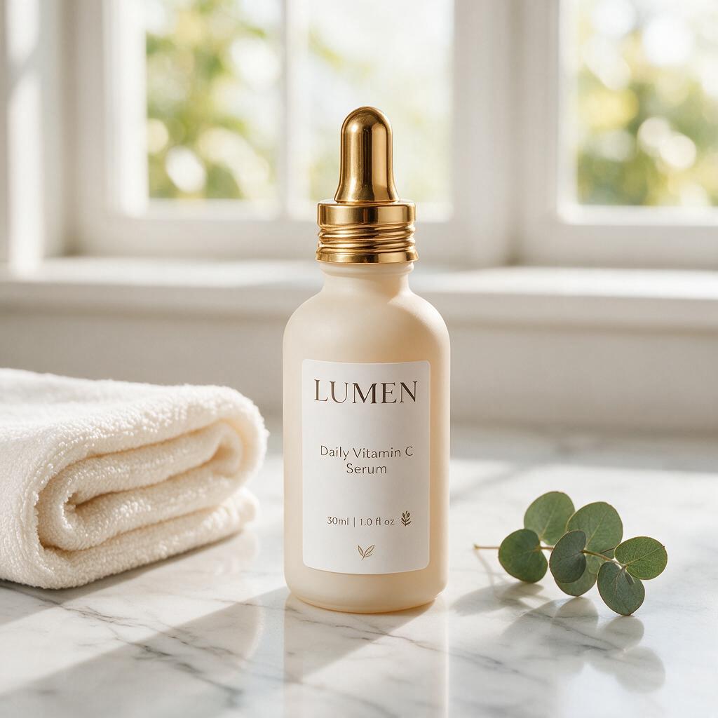 The identical LUMEN bottle placed on a white marble bathroom counter beside a folded towel and a eucalyptus sprig