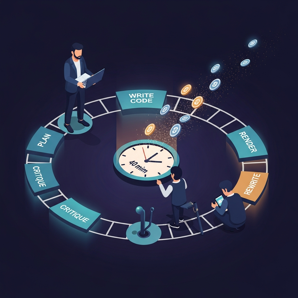 An isometric loop track with stages plan, write code, render, critique, rewrite circling a central clock reading forty minutes, with tokens flying off as sparks.