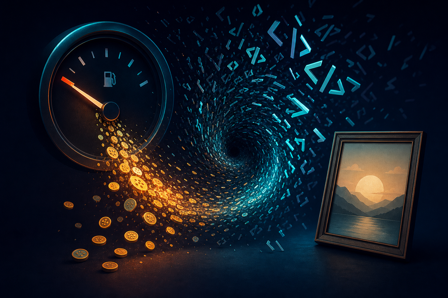 A fuel gauge draining glowing token-coins into a swirling vortex of HTML and SVG brackets, beside one calm finished framed picture.