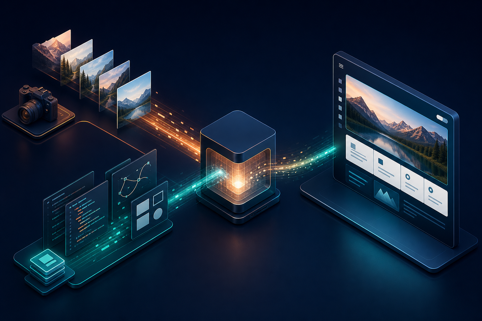 A single glowing API gateway hub routing a stream of finished pixel images on one side and a stream of structured code blocks on the other, merging into one polished webpage.